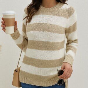 NWT Womens L Beige White Striped Sweater Long Sleeve Knit Top Cozy Preppy